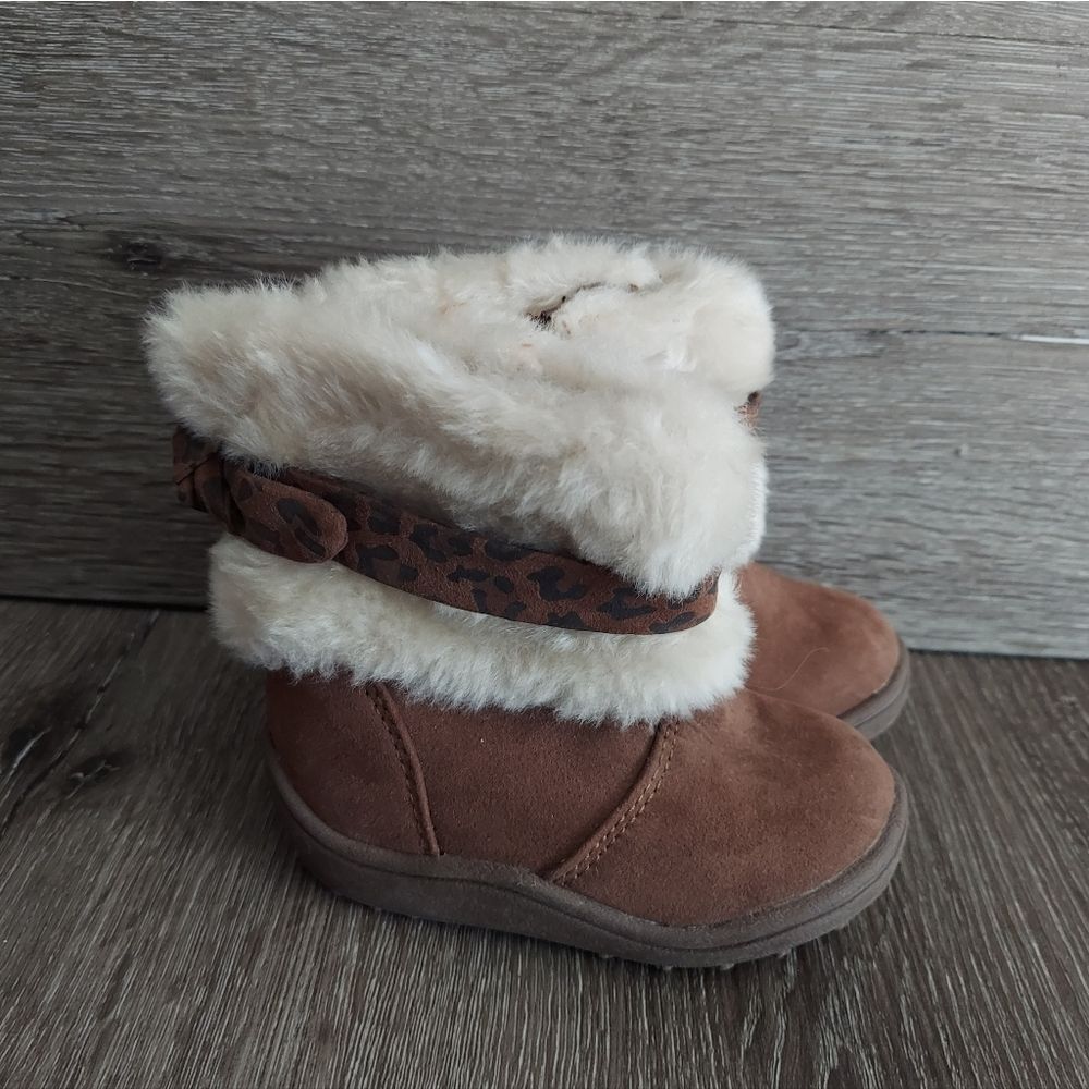 Faded Glory Infant Girls 5 Brown Faux Suede Boots Fur Trim
